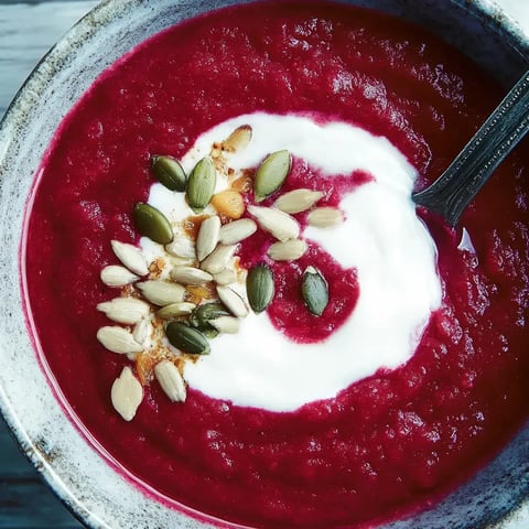 Une soupe rouge dans un bol, garnie de crème et diverses graines.