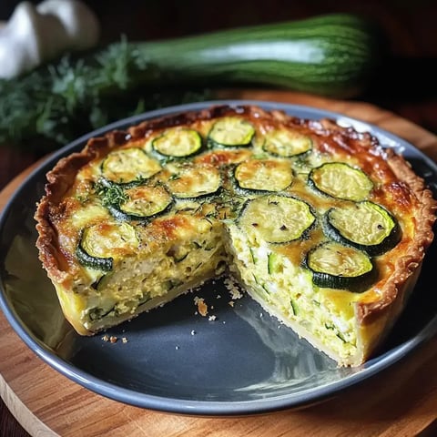 Une tarte aux courgettes tout juste sortie du four avec une portion coupée, entourée d'ail et herbes fraîches.