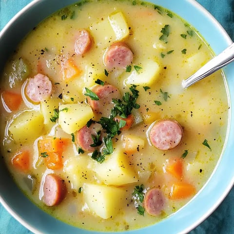 Un bol fumant de potage garni de morceaux colorés de tubercules, carottes et saucisses, avec une touche de verdure fraîche.
