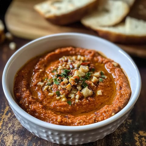 Une coupelle de purée rouge épicée, parsemée de noix concassées et de verdure fraîche, posée près d'une planche avec du pain tranché.
