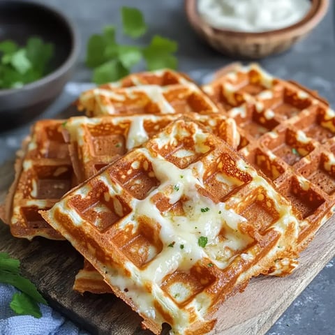 Des gaufres bien dorées avec du fromage qui fond, posées sur une planche en bois, avec un petit bol de sauce pas loin.