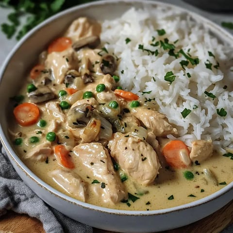 Un plat de poulet mijoté crémeux avec carottes, petits pois et champignons, servi à côté d'une portion de riz blanc.