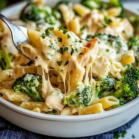 Des pâtes garnies de brocoli et fromage fondu servies dans un bol avec une cuillère.