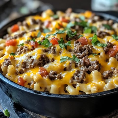 Un gratin appétissant composé de pâtes, viande hachée, fromage doré et tomates fraîches, parsemé d'herbes vertes.