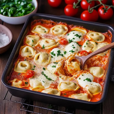 Un gratin doré de tortellini baignant dans une sauce tomate, couvert de mozzarella fondue et parsemé de persil, avec des tomates cerises et légumes frais autour.