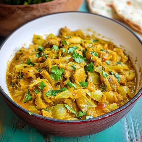 Un curry de poulet et chou servi dans un bol, avec des feuilles de coriandre fraîche par-dessus.