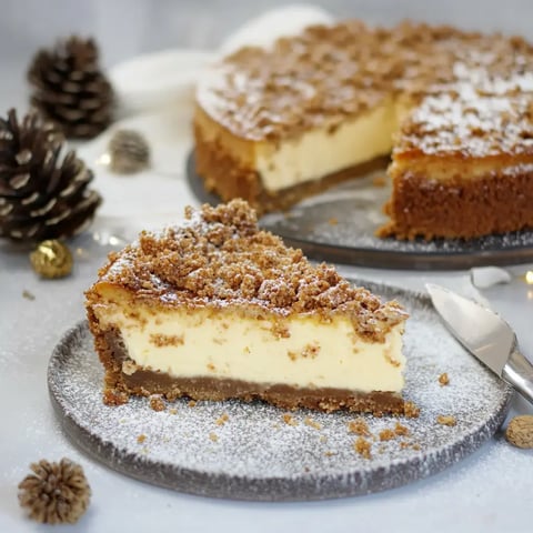 Une portion de cheesecake aux miettes craquantes, présentée sur une assiette avec un nuage de sucre glace et entourée de décorations dorées et pommes de pin.