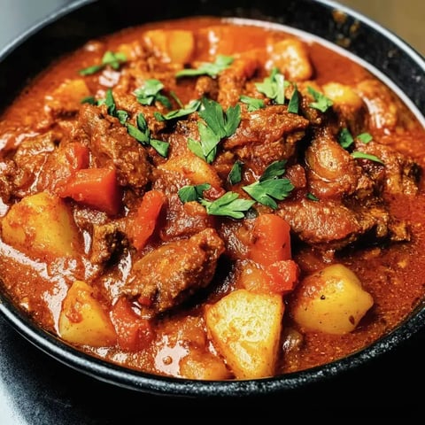Un bol garni de légumes, morceaux de soja et pommes de terre baignant dans un bouillon tomaté épicé, garni de persil frais.