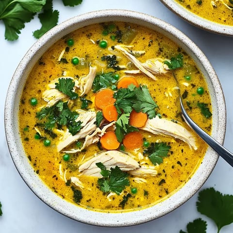 Un bol fumant de soupe poulet avec des rondelles de carottes, des petits pois verts et quelques feuilles de coriandre.