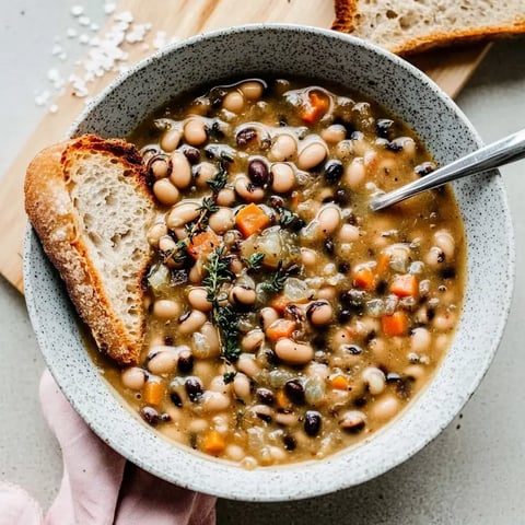 Un bol rempli d'une soupe épaisse aux haricots, garnie de brins de thym et servie avec du pain croustillant.
