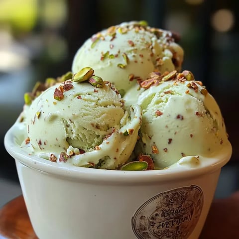 Trois boules de glace verte à la pistache servies dans un bol avec quelques éclats de pistaches par-dessus.