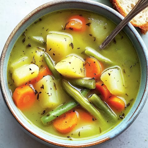 Un bol fumant de potée aux légumes, garni de pommes de terre, carottes et haricots verts dans un bouillon parfumé.