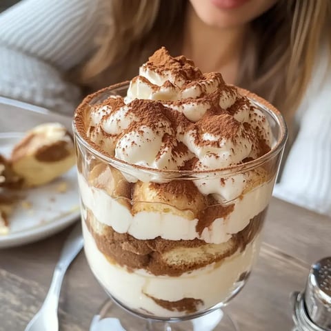 Un verre de tiramisu avec des biscuits cuillère, de la crème au mascarpone et une couche de cacao en poudre.