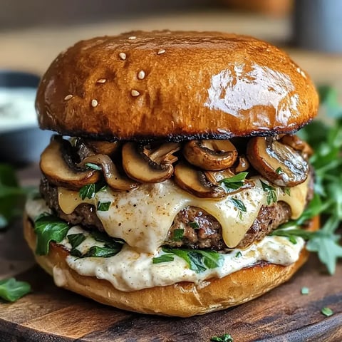 Un burger appétissant dans un pain aux graines, avec du fromage qui fond, des champignons dorés et quelques herbes.