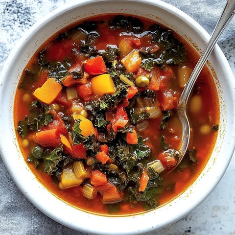 Assiette gourmande de potage aux tomates, poivrons, légumes verts et épices colorées.