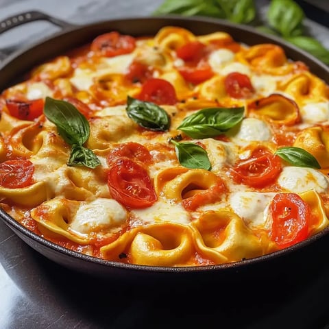 Un gratin de tortellini avec tomates cerises, mozzarella et basilic frais servi dans une poêle.