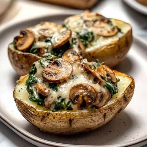 Deux patates coupées en deux, dorées avec épinards, champignons et fromage dans une assiette.
