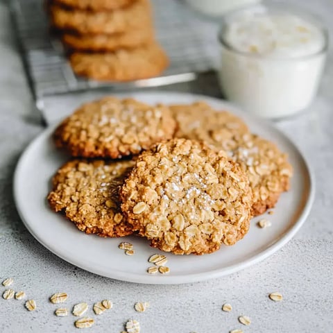 Des biscuits à l'avoine tout chauds sur une jolie assiette, avec un peu de sucre glace dessus, posés sur une table claire.