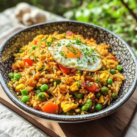 Un bol rempli de riz sauté avec des légumes colorés et un œuf, parsemé de fines herbes.