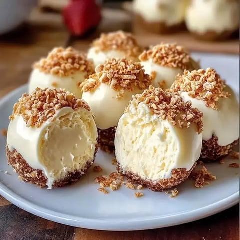 Un plat présentant plusieurs douceurs rondes appétissantes, nappées d'une couche onctueuse et parsemées de miettes, avec une bouchée coupée montrant l'intérieur.