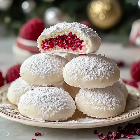 Un plateau de petits gâteaux blancs poudrés garnis de framboises, présenté avec quelques fruits frais et décorations de saison sur une table rustique.