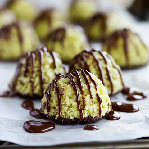 L'image présente des petites boules à la noix de coco nappées de chocolat fondant disposées en ligne.