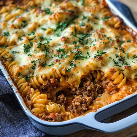 Un appétissant gratin de pâtes torsadées avec viande hachée et fromage fondu, parsemé d'herbes fraîches.