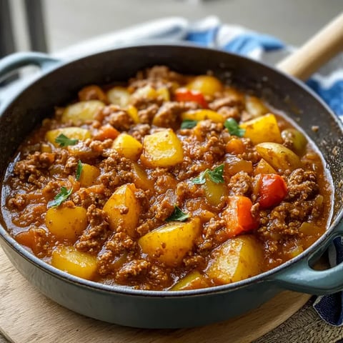 Un plat mijotée de bœuf haché avec pommes de terre et poivrons baignant dans une sauce épaisse rougeâtre.