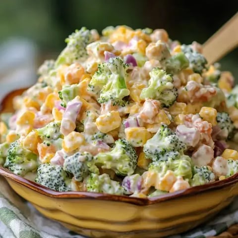 Un bol rempli d'une salade multicolore de brocoli et maïs recouverte d'une sauce crémeuse.