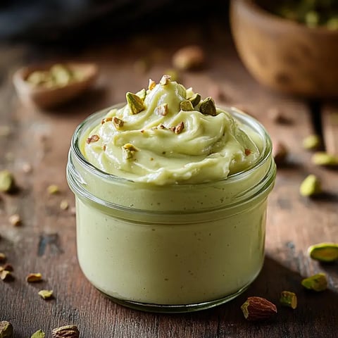 Un bocal de pâte pistachée soyeuse, parsemée de morceaux de pistaches, posé sur une planche en bois naturel.