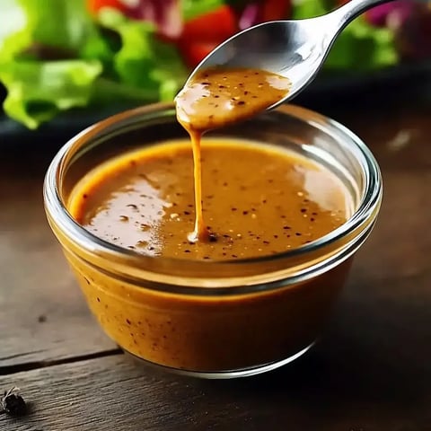 Une cuillère touche un pot rempli d'une sauce brune crémeuse, avec une salade fraîche visible en arrière-plan.