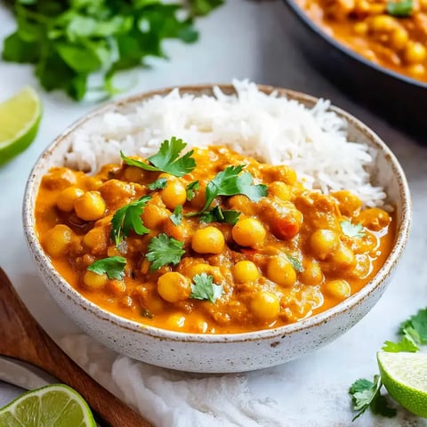 Un bol garni de riz et d'une sauce onctueuse aux pois chiches, décoré de coriandre fraîche et servi avec un morceau de citron vert sur le côté.