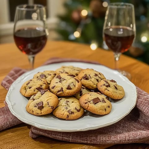 Un joli plateau de biscuits chocolatés tout frais posé sur une table en bois avec deux verres de vin rouge à côté.