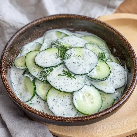 Un bol de rondelles de concombre marinées dans du yaourt et de l'aneth.