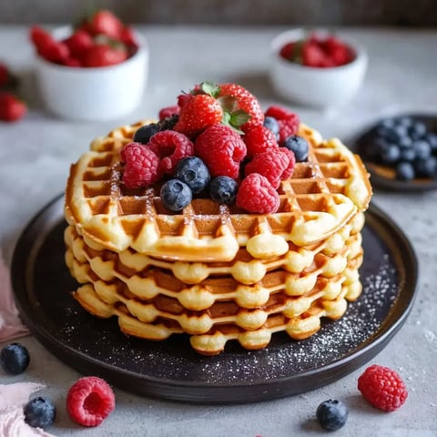 Des gaufres empilées garnies de myrtilles et framboises fraîches sur un plat noir élégant.