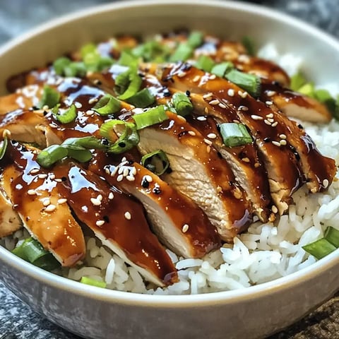 Morceaux de blanc de poulet luisants avec sauce caramélisée et ciboulette sur un lit de riz blanc dans un bol.