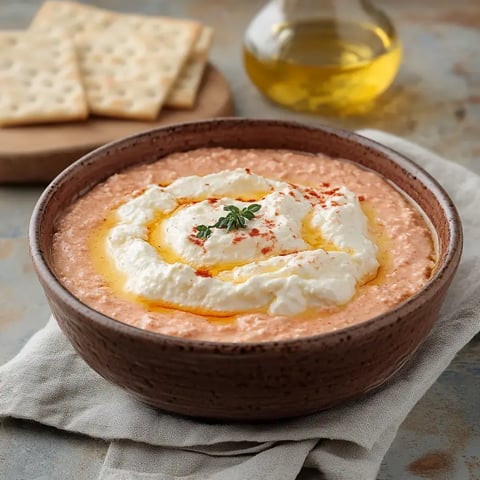 Un bol de mousse onctueuse teintée de rouge, décorée de crème, d'huile et d'herbes, accompagnée de crackers.