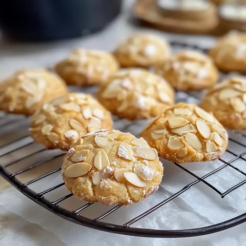 Des petits gâteaux dorés parsemés d'amandes posés sur une grille après cuisson.