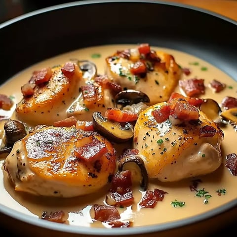 Plat de Poulet Moutardé avec Champignons et Lardons