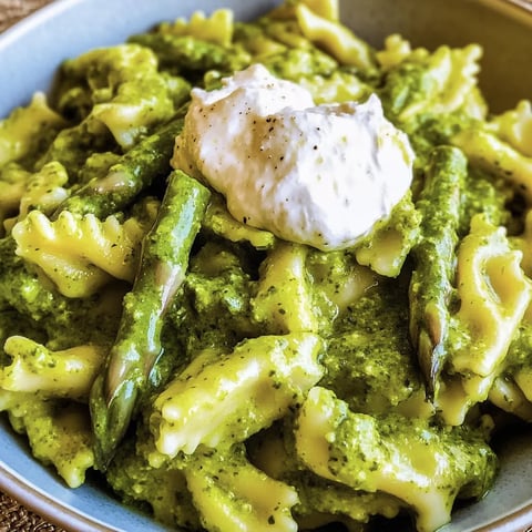 Pâtes au pesto d'ail des ours, asperges vertes et burrata