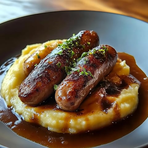 Bangers et purée - Saucisses et Purée à l'Anglaise avec Sauce à l'Oignon