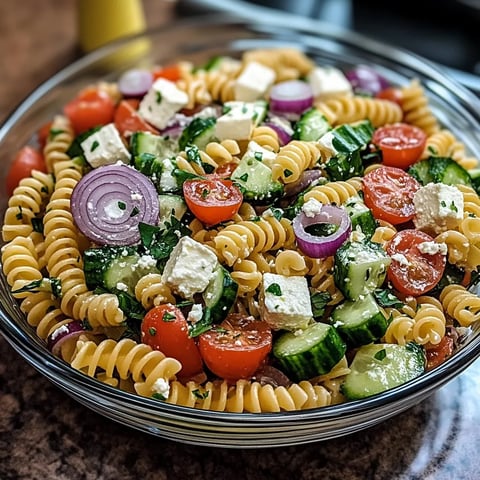 Un bol gourmand rempli de pâtes, tomates, concombres, rondelles d'oignon rouge et fromage émietté.