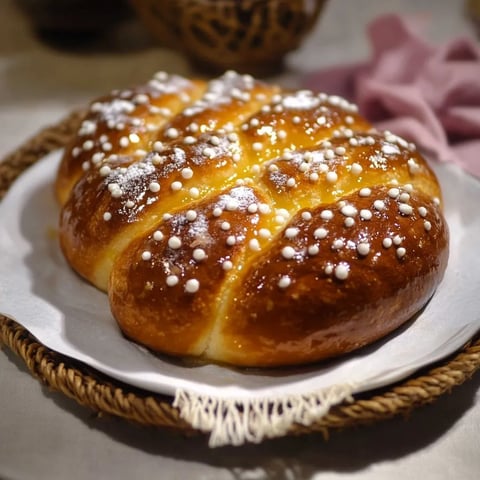 Une brioche dorée saupoudrée de sucre et parsemée de zestes d'orange.