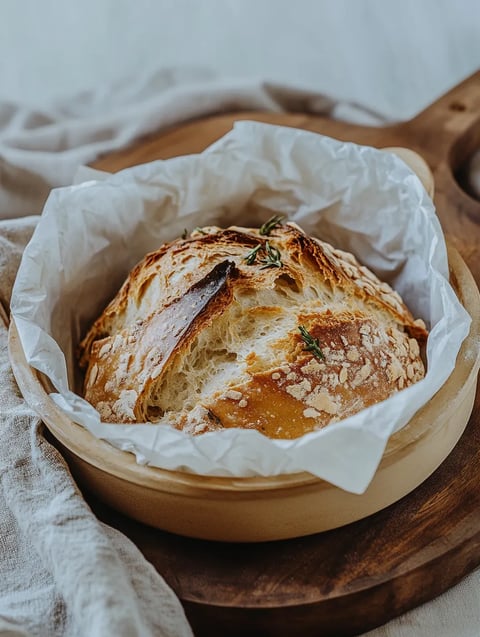 Une baguette de pain grillé est dans un bol en terre.