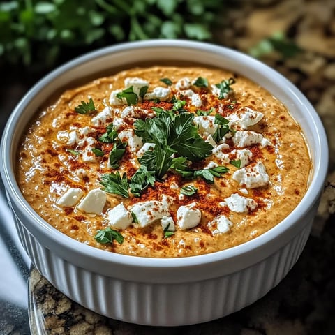 Un bol de tartinade feta au paprika garni d'herbes fraîches.