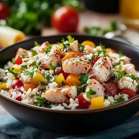 Une assiette de salade contenant des légumes et des poissons.