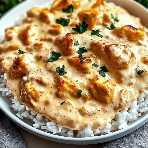 Un bol de céréales blanches avec des légumes et des morceaux de volaille.