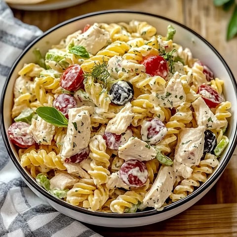 Un bol de pâtes en salade garni de légumes et viandes variées.