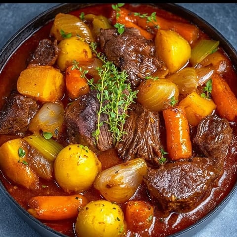 On voit une assiette de bœuf avec des légumes variés comme carottes, pommes de terre et quelques touches de vert.