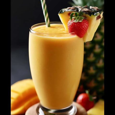 Un verre de jus pamplemousse accompagné de fraises et un peu d'ananas.